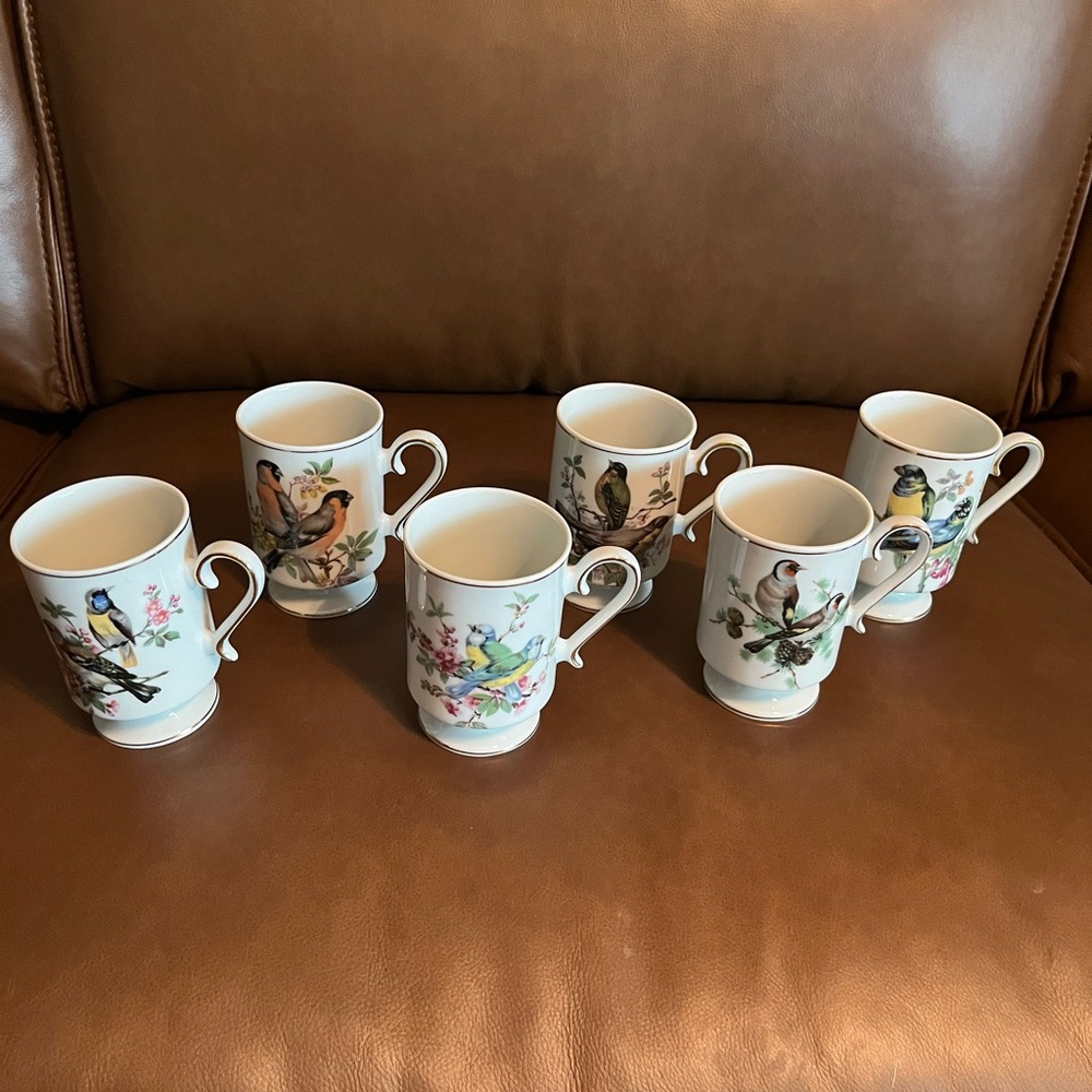 Vtg Rotal Crown Bird Porcelain Footed Coffee/ Tea Mugs, set of 6